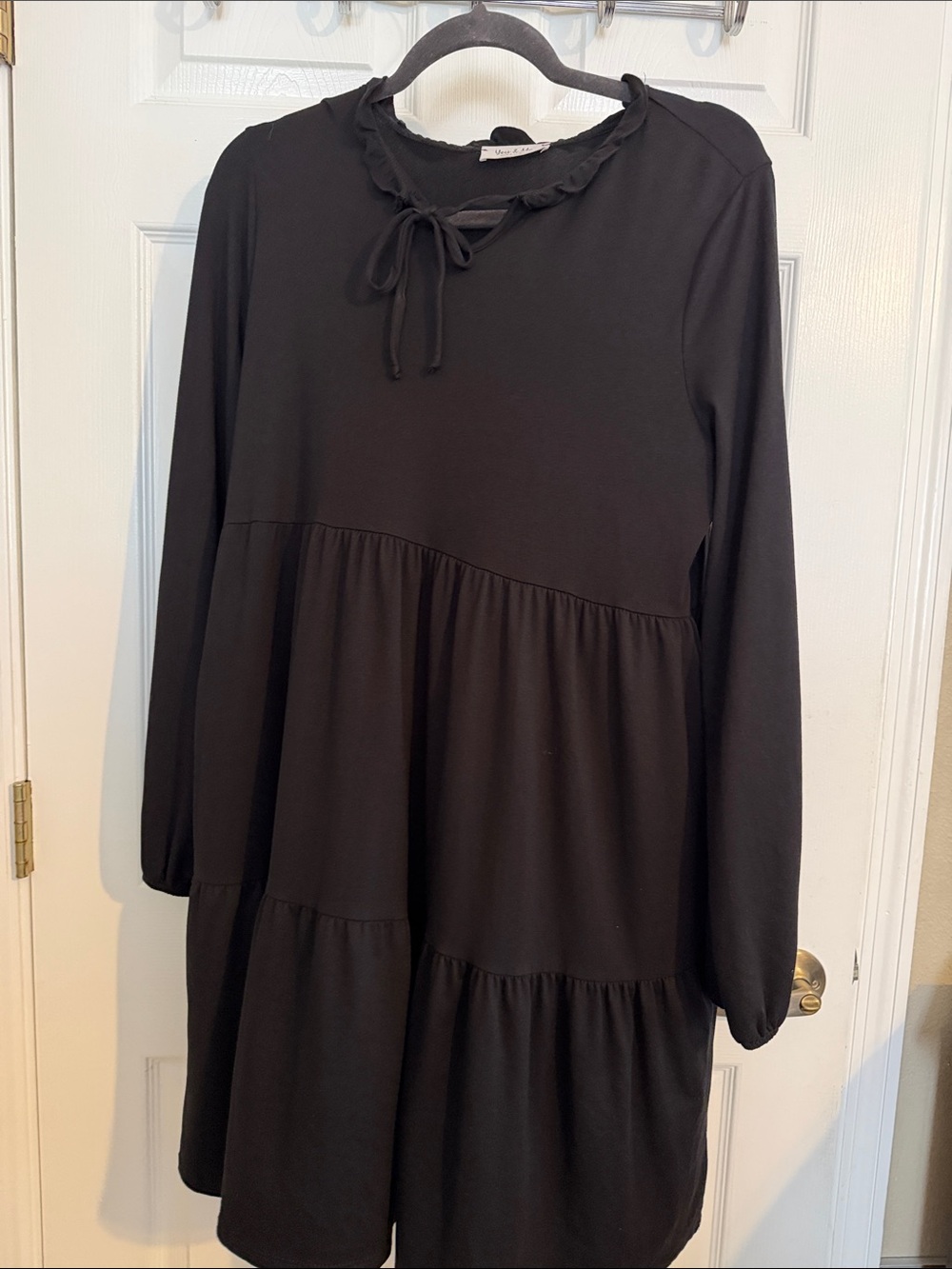 You & Me Black Tiered Long-Sleeve Dress with Ruffle Neck and Tie Strings